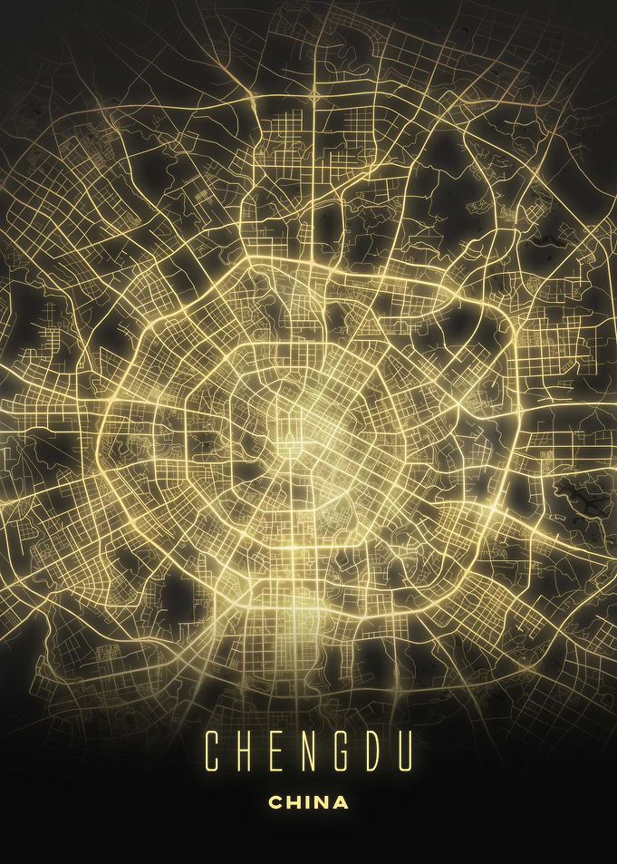 Chengdu, China - Illuminated Ring Roads City Map, Wall Art Poster
