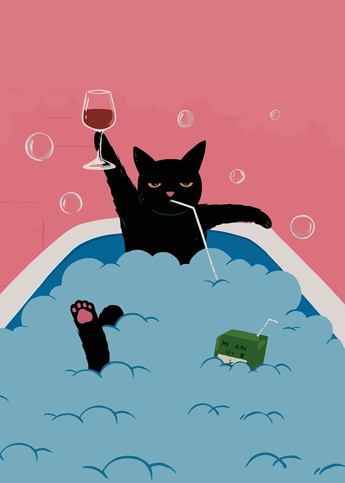 Black Cat Enjoying a Bath with Wine