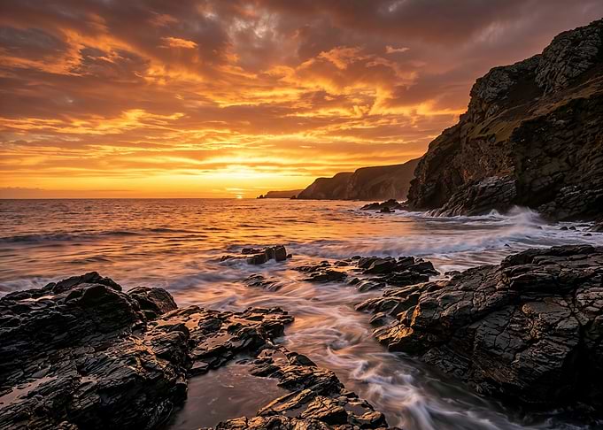 Dramatic Sunset Over Rocky Coastline
