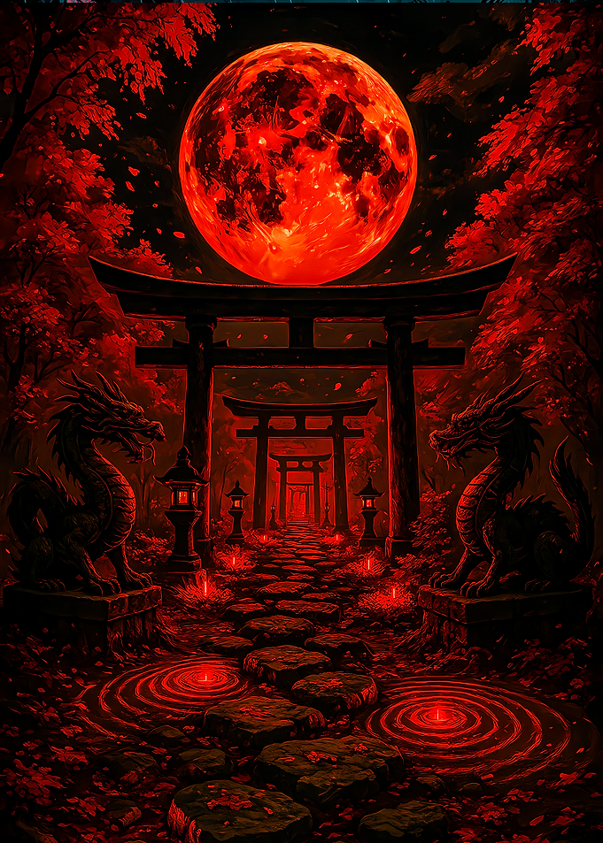 Mystical Red Moon Torii Gate Path
