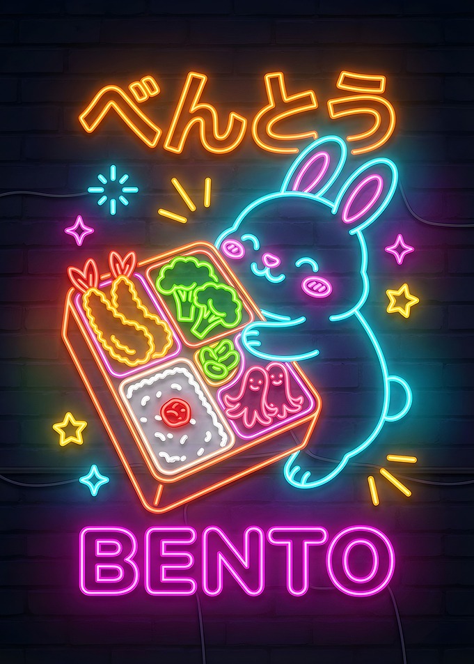 Cute Bunny with Bento Box Neon Art