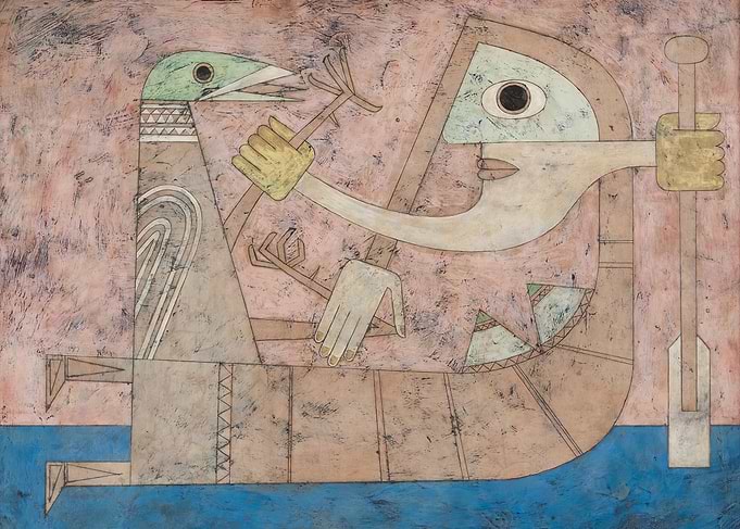 Surreal Bird and Humanoid Figures in a Boat
