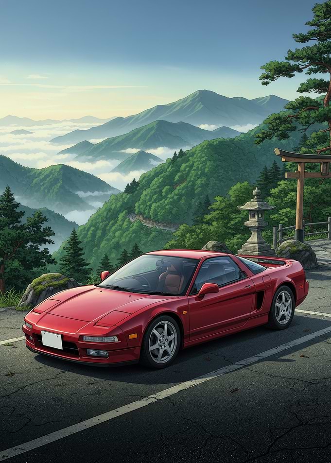Red Sports Car in Japanese Mountain Landscape
