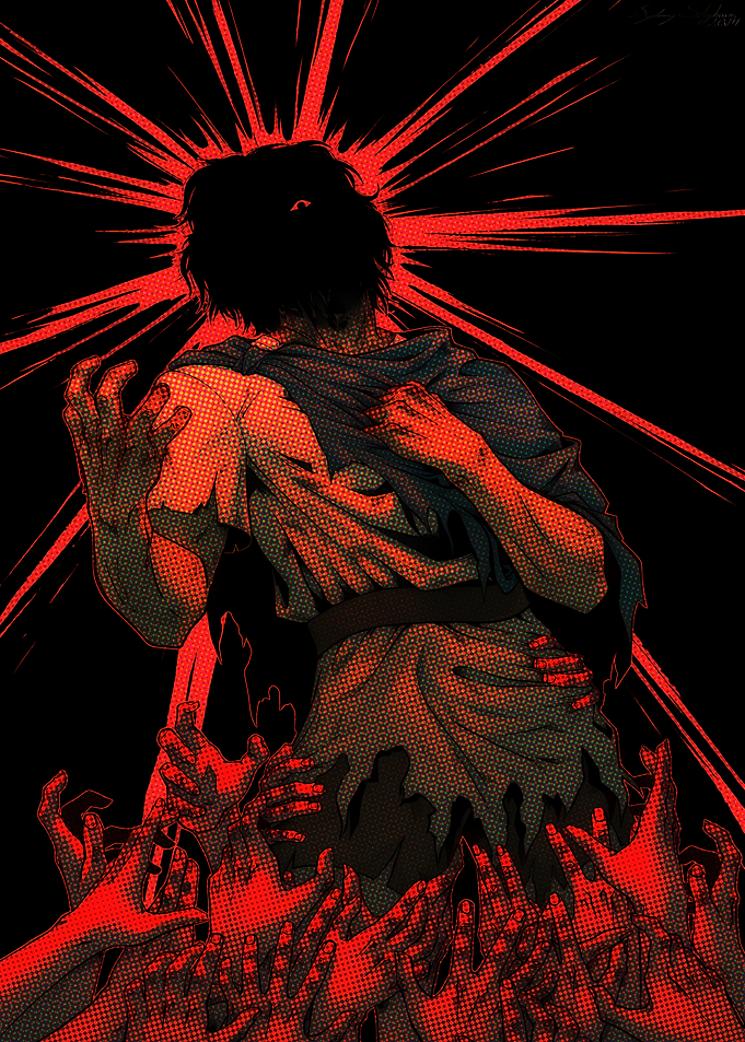 Distressed figure surrounded by red hands