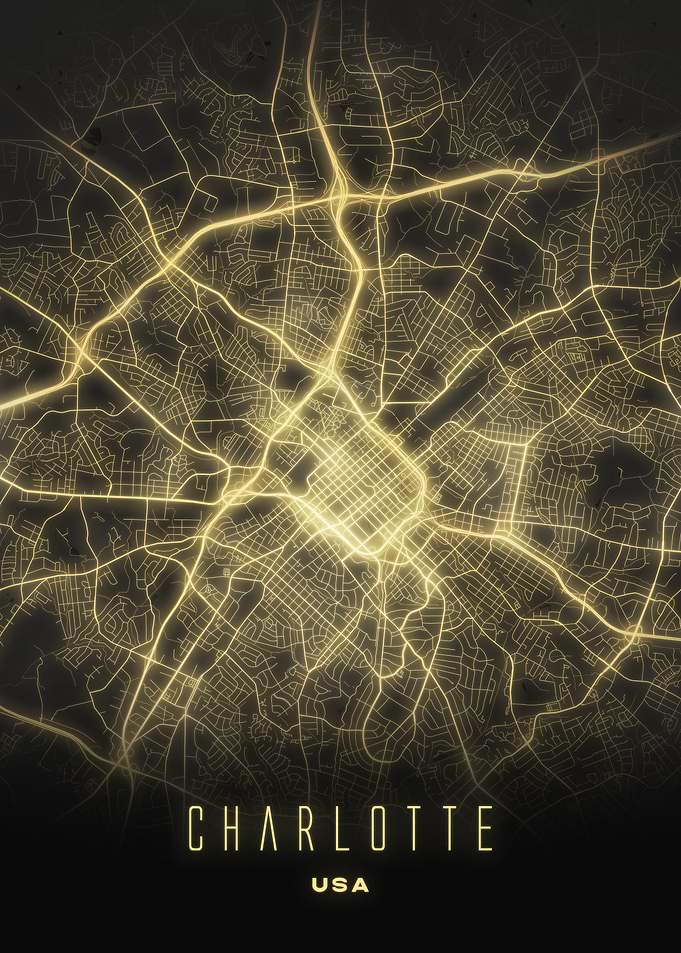 Charlotte, North Carolina - Illuminated City Streets Map, USA Wall Art Poster