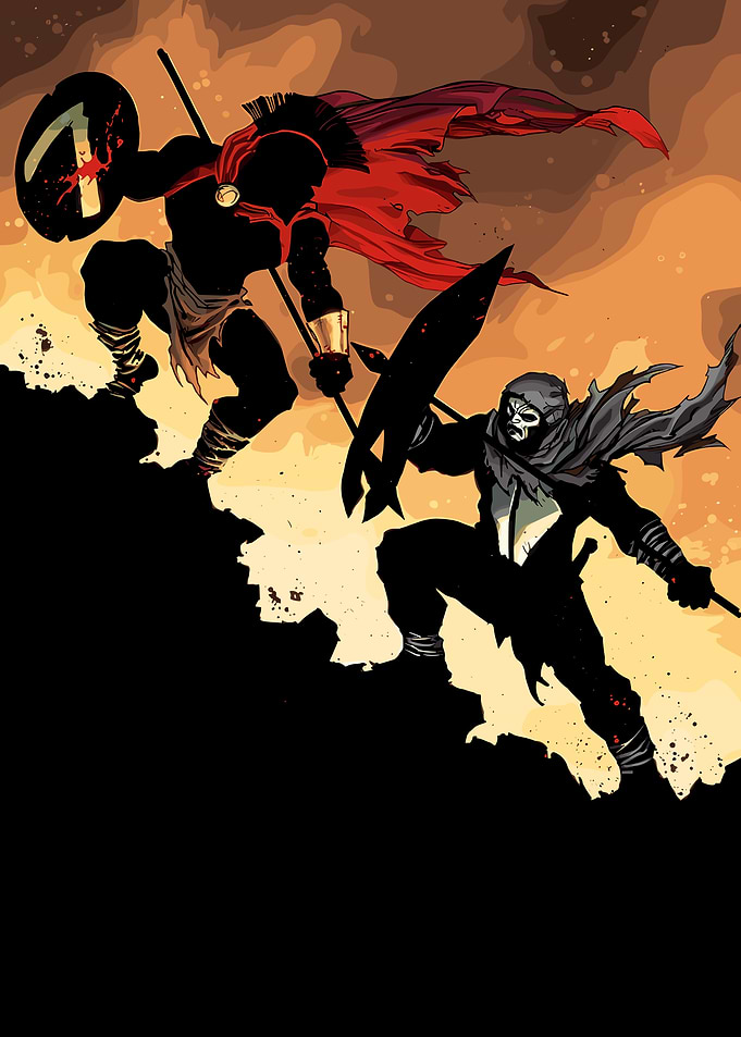 Spartan Warrior and Mysterious Figure Clash