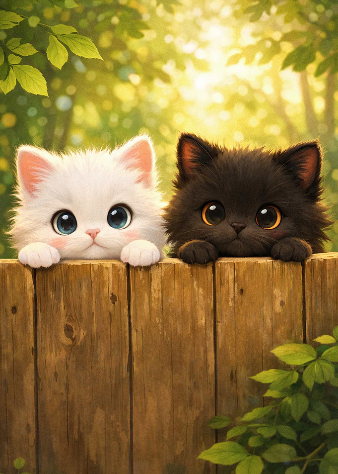 Two Cute Kittens Peeking Over Fence