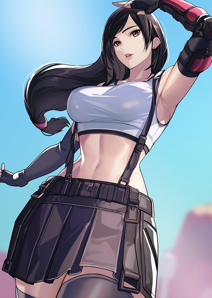 Tifa Lockhart in a white crop top and skirt