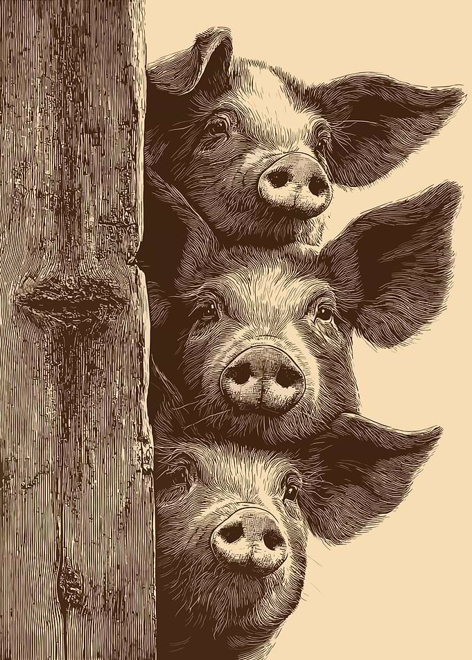 Three Pigs Peeking Over Fence