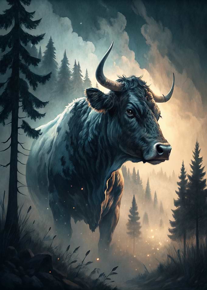 Majestic Bull in Misty Forest