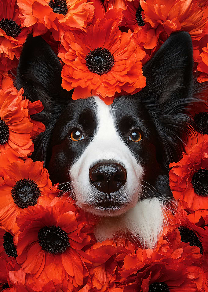 Border Collie Dog Surrounded by Poppies