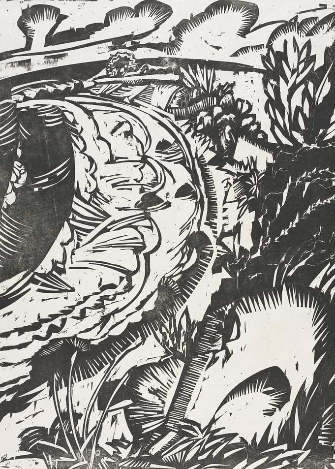 Woodcut Landscape with Rolling Hills and Trees