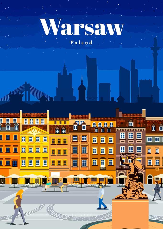Warsaw Cityscape with Mermaid Statue