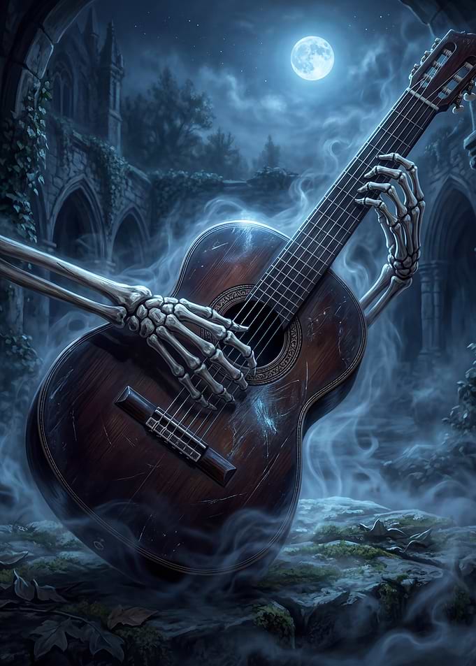 Skeleton playing guitar in ruins