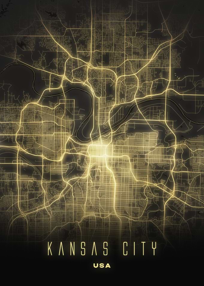 Kansas City, Missouri - Illuminated City Streets Map, USA Wall Art