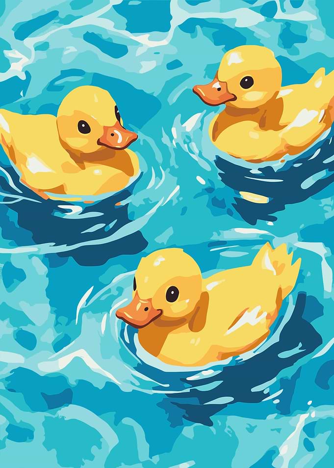 Three Cute Yellow Ducklings Swimming