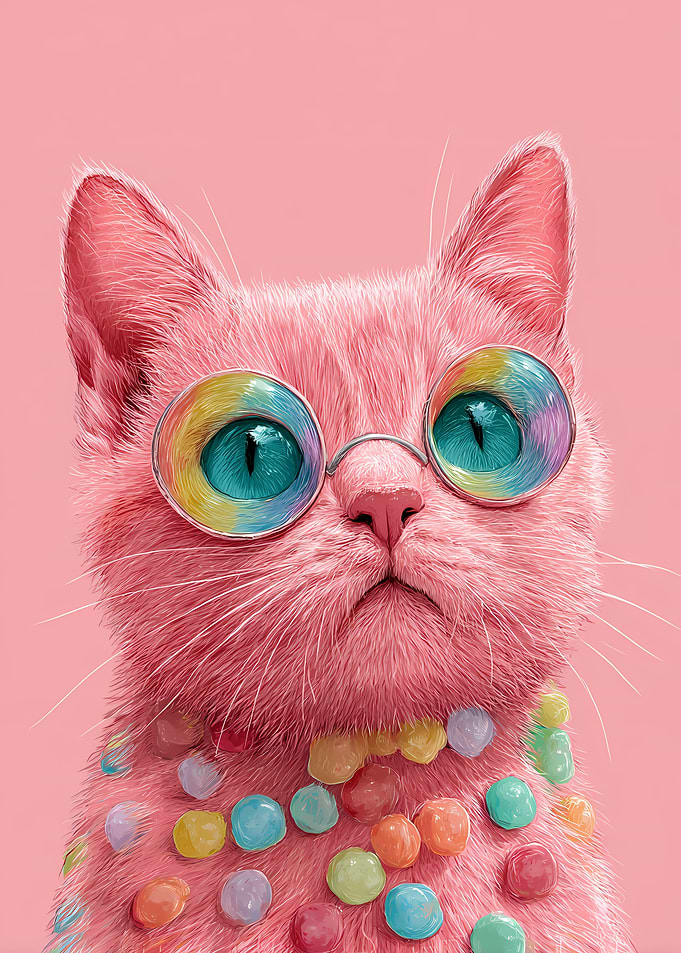 Pink Cat with Rainbow Glasses and Candy Necklace