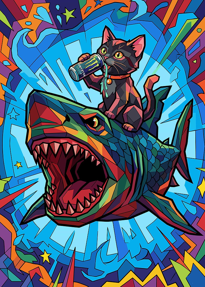 Cat Riding a Shark Drinking Monster Energy