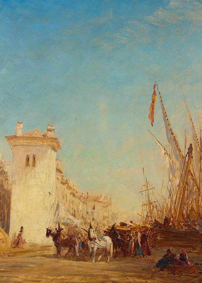 Seaport Scene with Horse-Drawn Cart