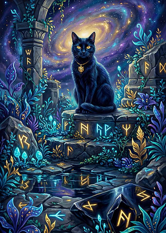 Mystical Black Cat in Cosmic Ruins