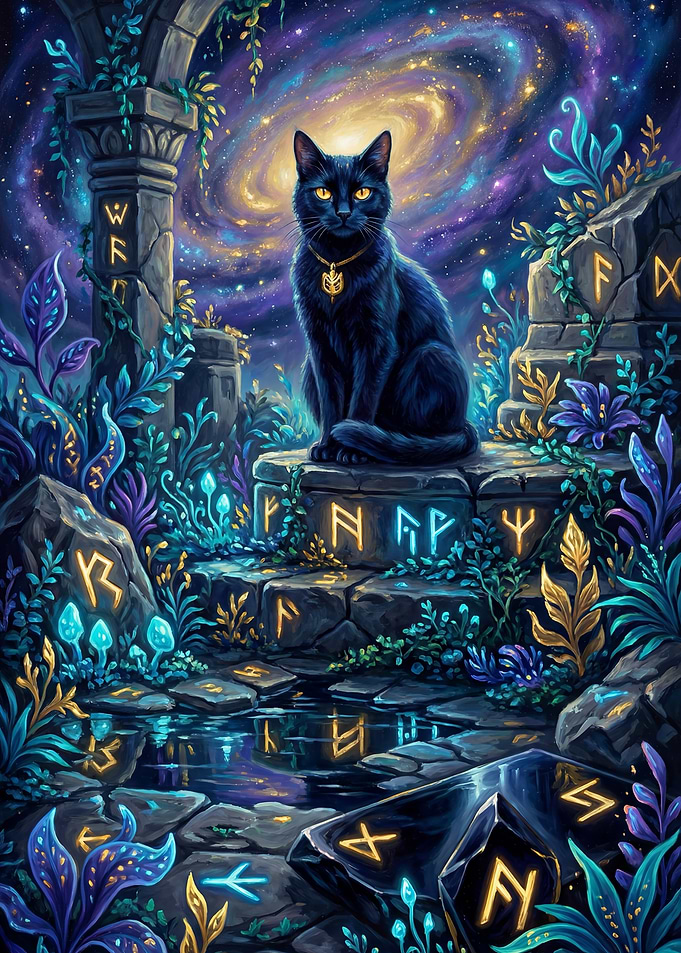 Mystical Black Cat in Cosmic Ruins
