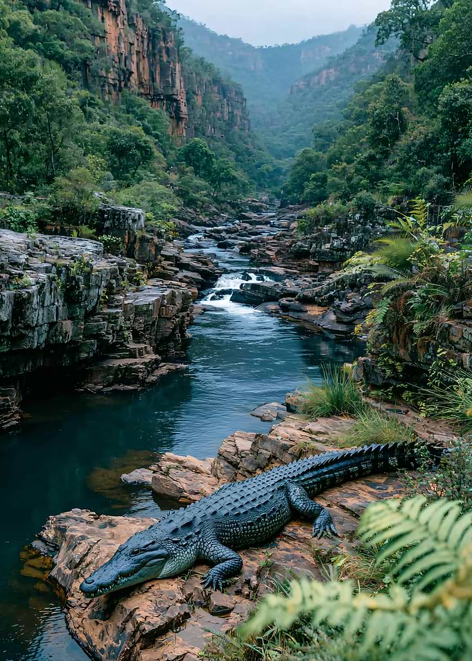 Crocodile in a Lush River Gorge