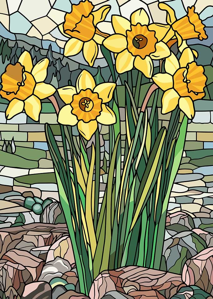 Stained Glass Daffodils in Garden