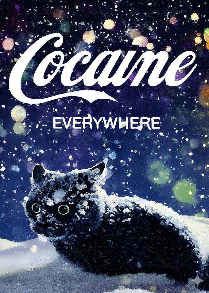 Cat in Snow with Coca-Cola Logo
