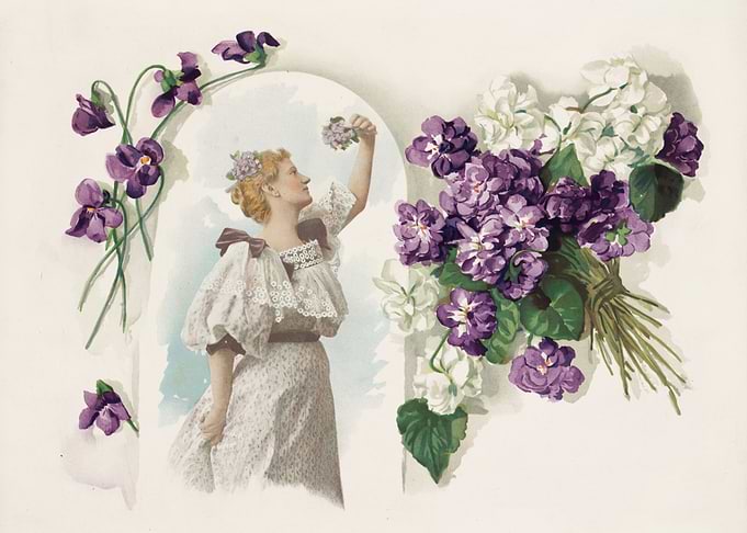 Woman with Violets and White Flowers