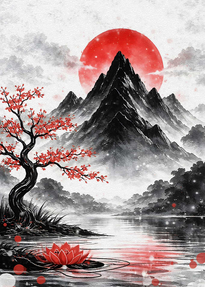 Japanese Mountain Landscape with Cherry Blossoms