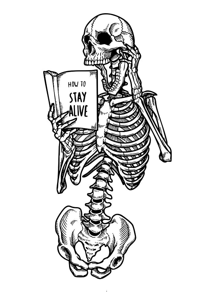 Skeleton Reading 'How to Stay Alive'