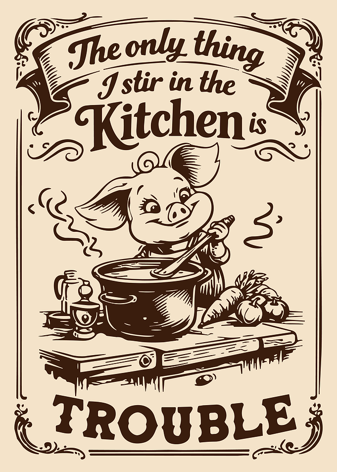 Funny Kitchen Trouble Poster, Vintage Pig Cooking Wall Art, Whimsical Chef Humor Print