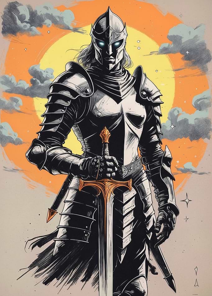 Night Sentinel – Armored Knight with Glowing Eyes and Golden Sword