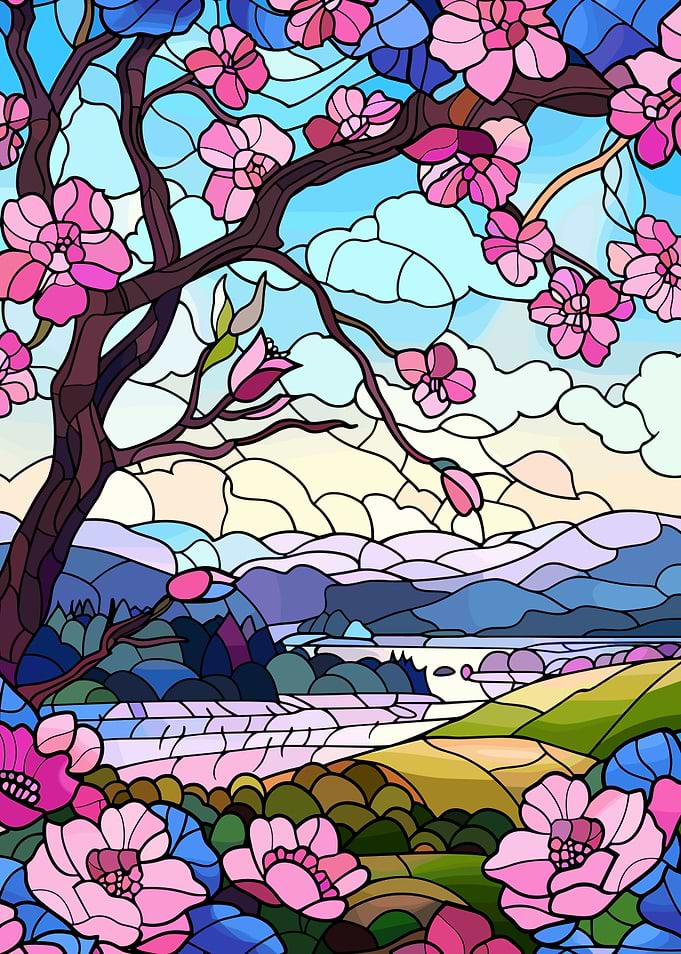 Stained Glass Cherry Blossoms Landscape