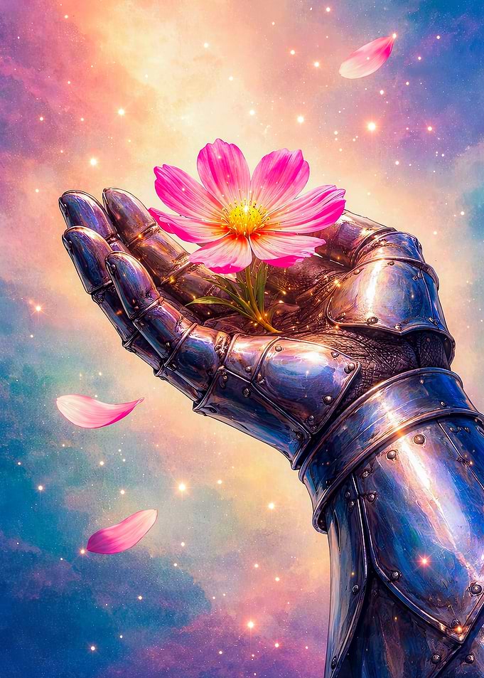 Knight's Hand Holding a Pink Flower