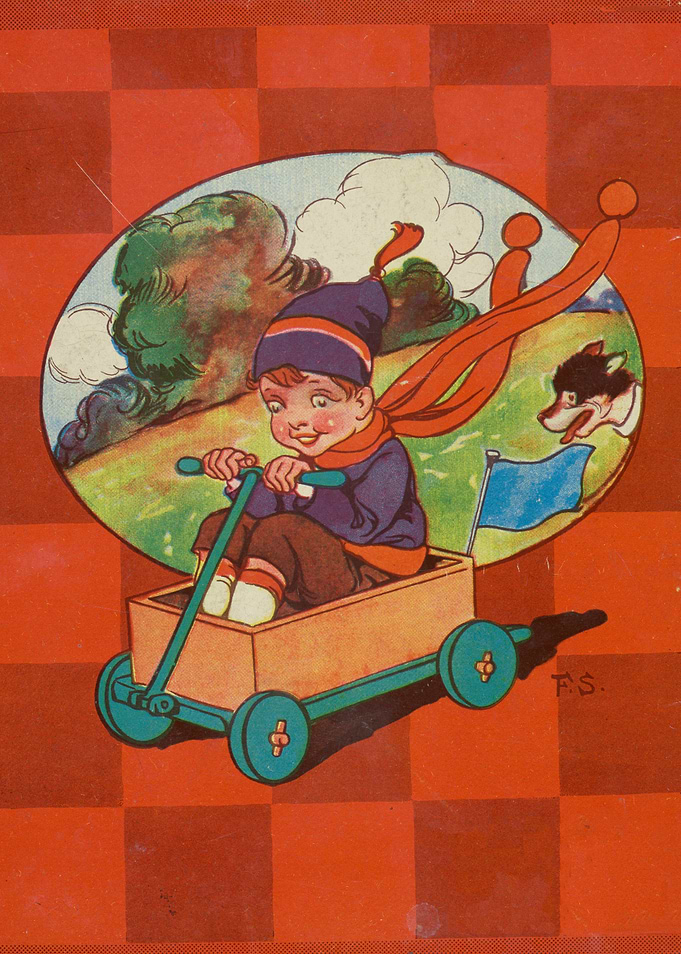 Child riding a wagon with a dog