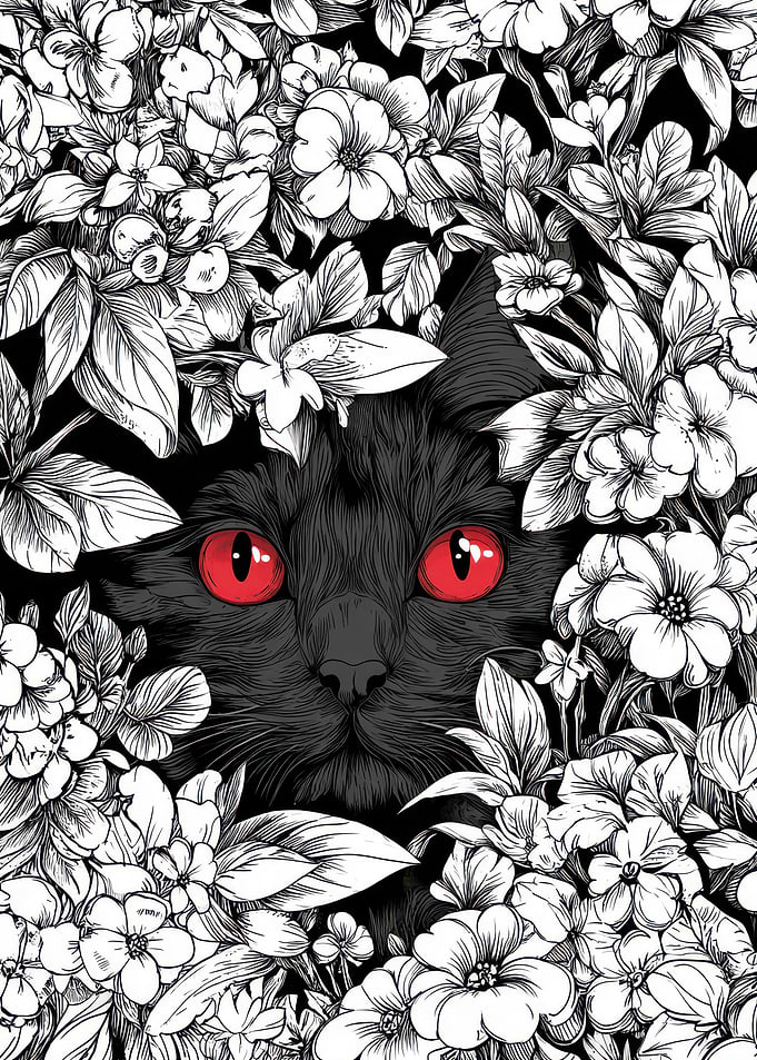 Black Cat with Red Eyes in Flowers