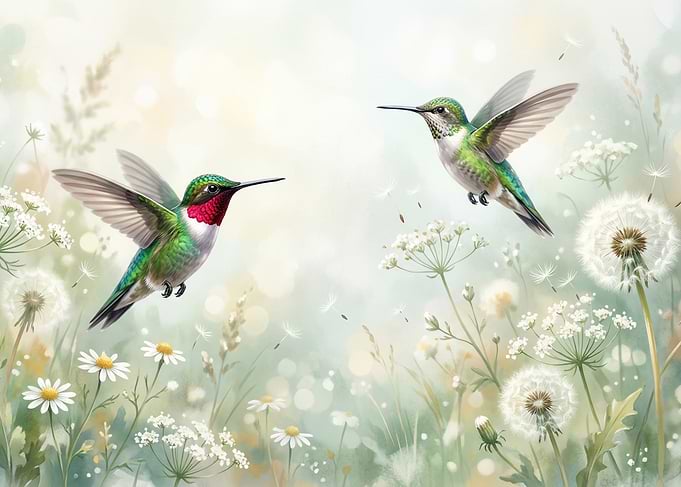 Two Hummingbirds in a Field of Flowers
