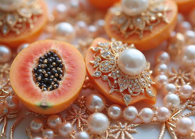 Papaya Halves with Pearls and Jewelry