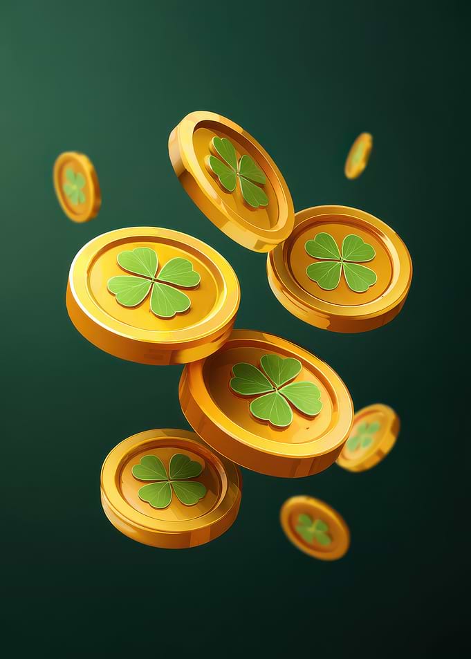 Golden Coins with Four-Leaf Clovers