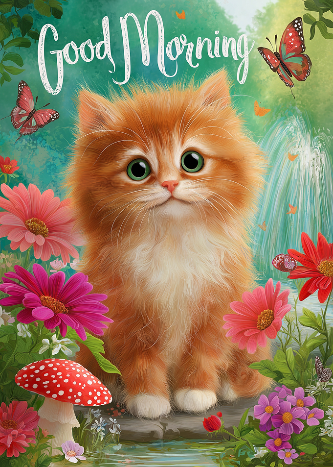 Cute Kitten with Flowers and Butterflies