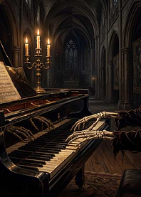 Skeleton Hands Playing Piano in Gothic Church