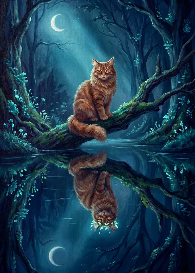 Mystical Cat in Moonlit Forest Reflection