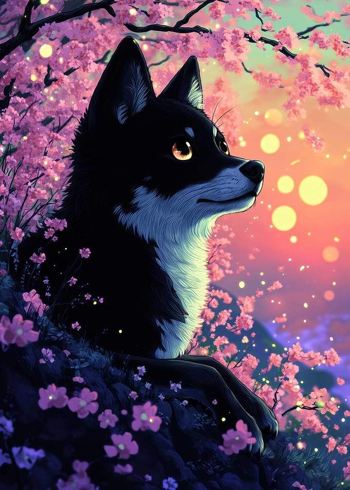 Black Dog Among Cherry Blossoms