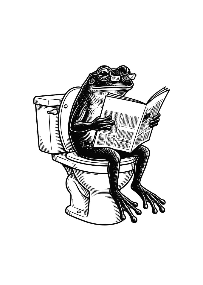Frog Reading Newspaper on Toilet