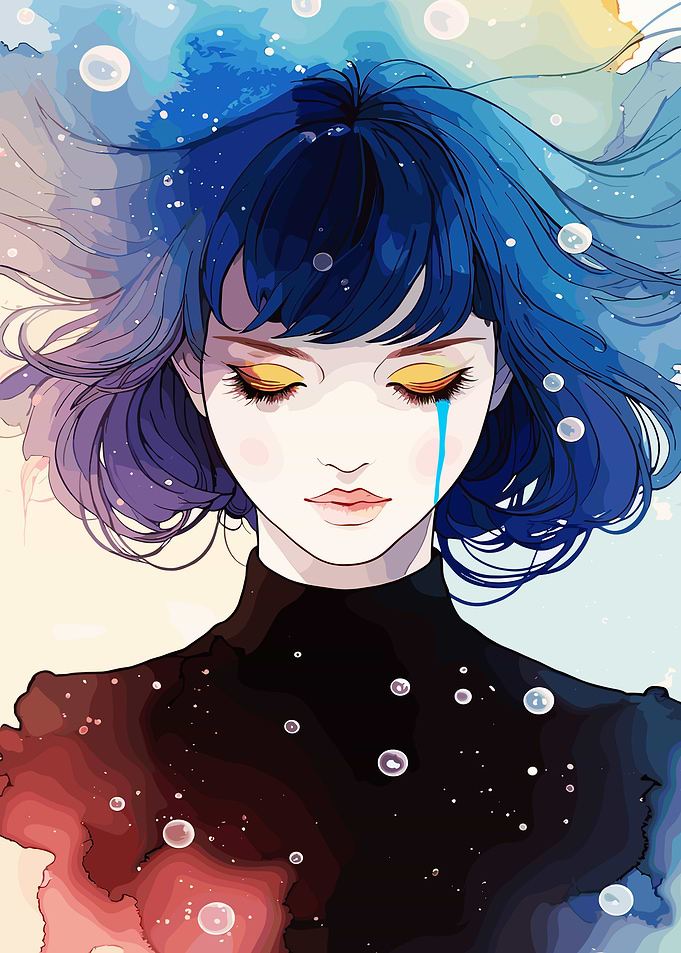 Girl Crying with Blue Hair