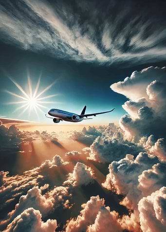 Airplane flying through dramatic clouds at sunset
