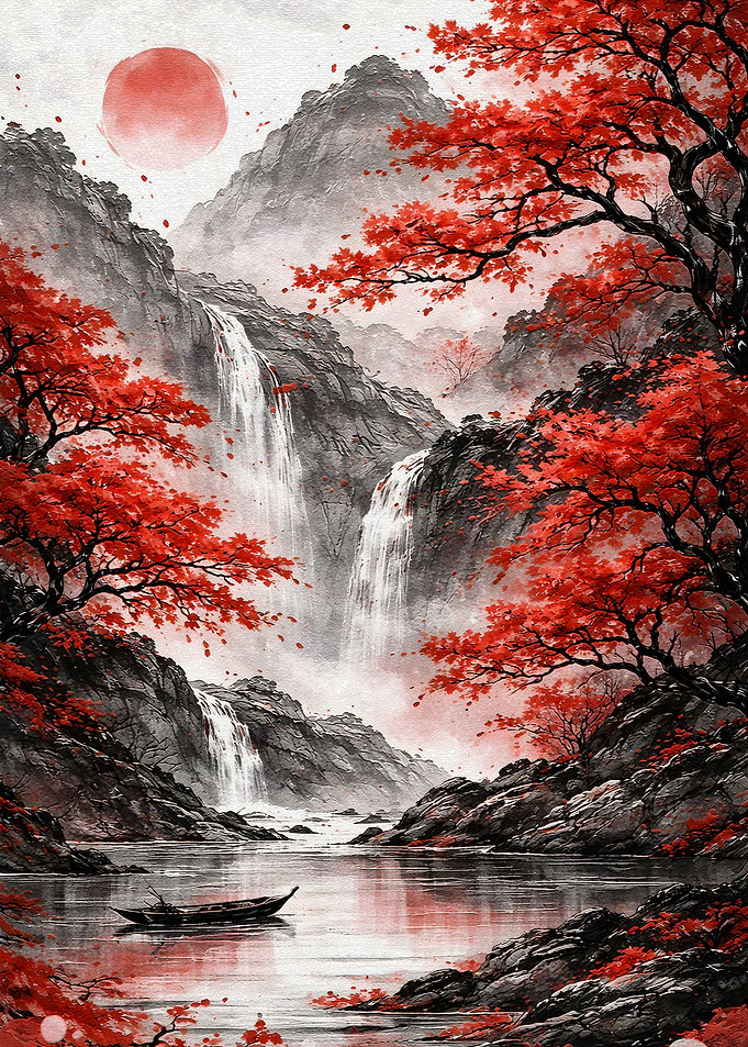 Japanese Waterfall with Red Maple Trees