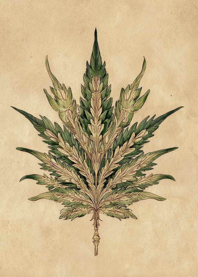 Detailed Botanical Illustration of a Cannabis Leaf