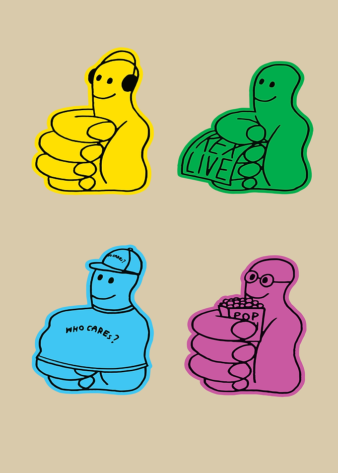 Four cartoon characters with thumbs up
